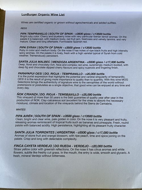 Wine list at Luv Burger in Samara