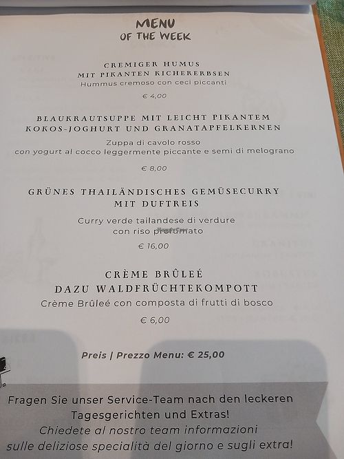 Menu vegano at Vegabula in Brunico