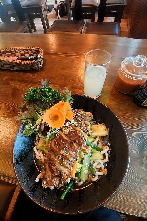 number 176 (vegan duck with Udon noodles) and lychee juice at Saigon Bowl in Berlin