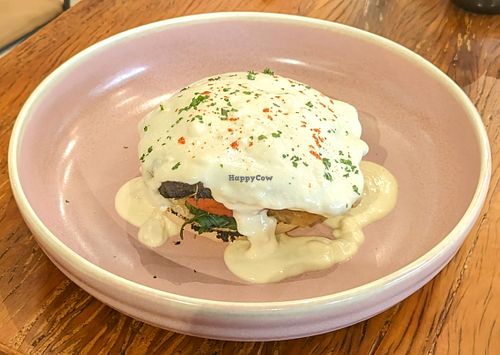 Portobello benedict. Great sauce, great Portobello mushroom - but the home-made muffin itself was borderline inedible. at Teva Deli in Rio De Janeiro