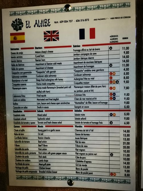 Menu at El Aljibe in Priego De Cordoba