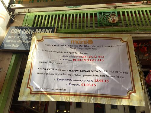 They are closed for TET holiday till 1st if March at Mani in Ho Chi Minh City