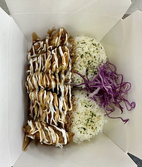 Vegan eggplant katsu rice bowl  at Fatboy Sandos in Mesa