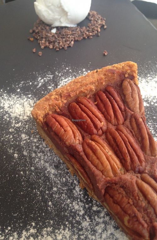 Pecan cake with coconut sorbet at Meshek Barzilay in Tel Aviv