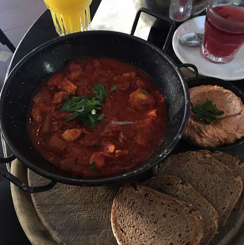 Vegan Shakshouka for breakfast at Meshek Barzilay in Tel Aviv
