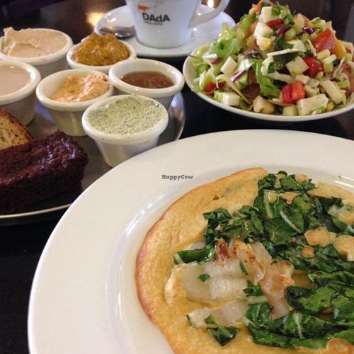 Vegan Breakfast with Chickpea Omelet at Meshek Barzilay in Tel Aviv