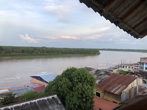 View from the top floor of the restaurant overlooking the river at Hotel Rio Huallaga in Yurimaguas