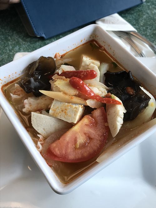 Vegan tomyam soup with vegan seafood  at Ganesa Thai Restaurant in Broomfield