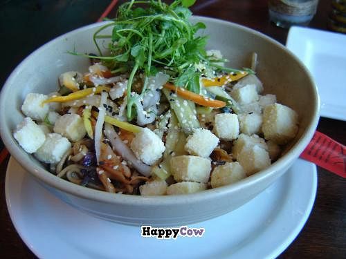 Large plate: Udon noodles, tofu, kimchi, asian vegetables, pea greens at The Grange in Providence