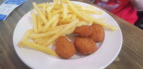 Chicken goujons, fries (comes with side of peas or beans) *VG* at Bella's Bar Bistro in South Shields