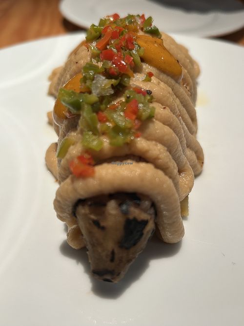 ALBERGINIA blanca escalivada, toffee de cigró pedrosillano, sanfaina, farinata, oli de nyora i llimona  at Rasoterra in Barcelona