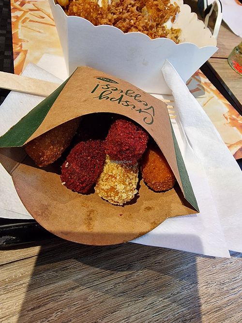 New veggie sticks of spinach, corn and couple others. Yummy! at Pepas Vegan Frituur in Leuven