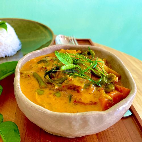 Vish Amok:
Cambodian national dish. A creamy curry made with a traditional herb and spice paste. Served with white or red rice. at Mettā Guesthouse Kampot in Kampot