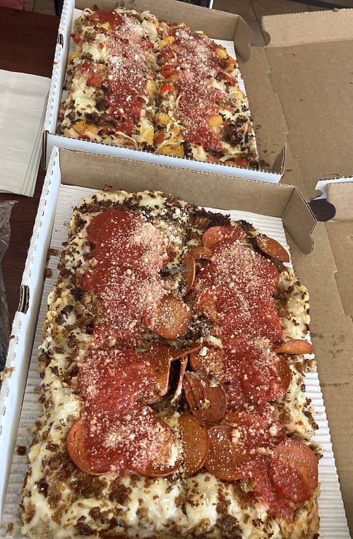 Vegan SPO (sausage, pepper, onion) and fauxnivore (aka vegan meat lover pizza)  at Underground Pizza in Towson