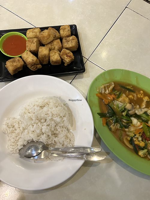 Plain rice, tofu and vegetables - ordered separately    at Waroeng FB in Berastagi