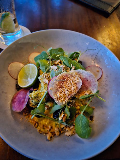 Pickled eggplant, fried tofu, turmeric peanut sauce, lentil dressing at Osprey's Restaurant in Oak Beach