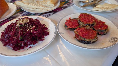 Beetroot Salad and  Eggplant Salad at Khorzem Art Restaurant in Khiva