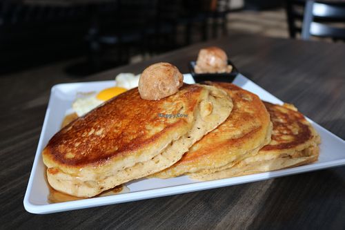 🥞Pumpkin Spice Pancakes pan fried pumpkin purée hotcakes with a crisp golden brown exterior. Topped with pumpkin spice brown sugar butter drizzled with maple syrup at Sacy's in Brimley