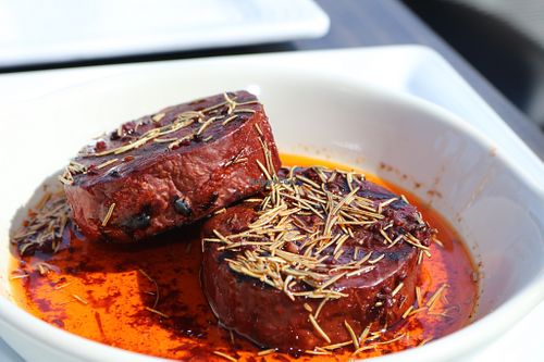 Beurre Rouge Filet 
100% plant-based topped with beurre rouge glaze (made from plant-butter and red wine). Served with plant-based mashed potatoes and vegetable based gravy  at Sacy's in Brimley