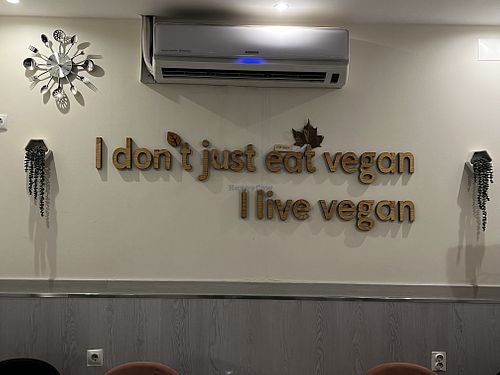 Wall decor that always makes vegans smile!  at Veganapati in Lisbon