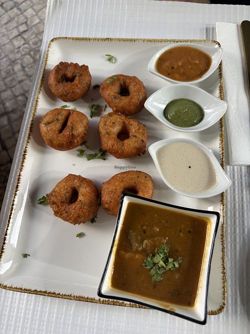 Lentil doughnuts with sauces   at Veganapati in Lisbon
