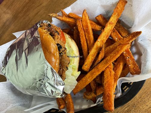 Vegan burger and sweet potato fries   at Elevated Eats - The Joint in Durango