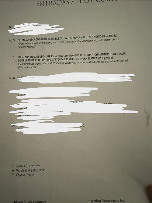 First course menu  at Inkaterra Machu Picchu Pueblo Hotel in Aguas Calientes