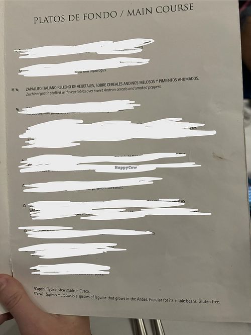 Main course menu  at Inkaterra Machu Picchu Pueblo Hotel in Aguas Calientes