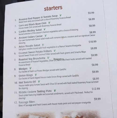 Menu Starters at Ancient Cedars Cafe in Tobermory