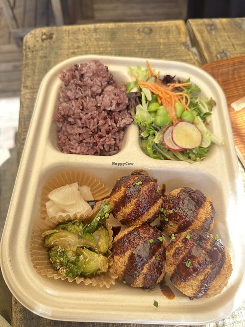  Veg katsu bento box, with side salad, pickled daikon, and daily vegetable side dish (this day they had brussels sprouts) at ACRE in Brooklyn