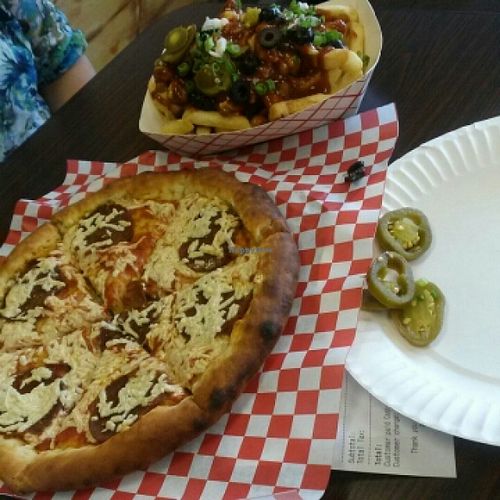 From my first visit to Vegan Pizza over a year ago. Pepperoni and cheer pizza with chilli cheer fries.  at Vegan Pizza in Garden Grove