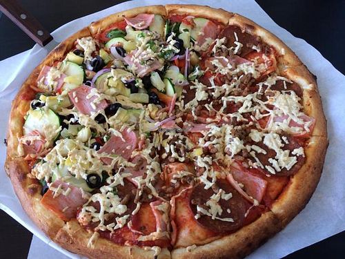 half ultimate combo / half meat lovers at Vegan Pizza in Garden Grove