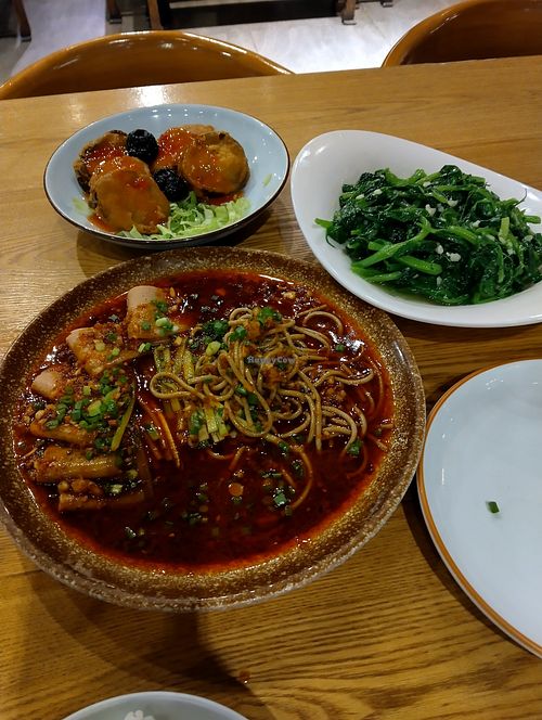 Mock meat with two veg dishes at Bean Kitchen Vegetarian Restaurant in Chengdu