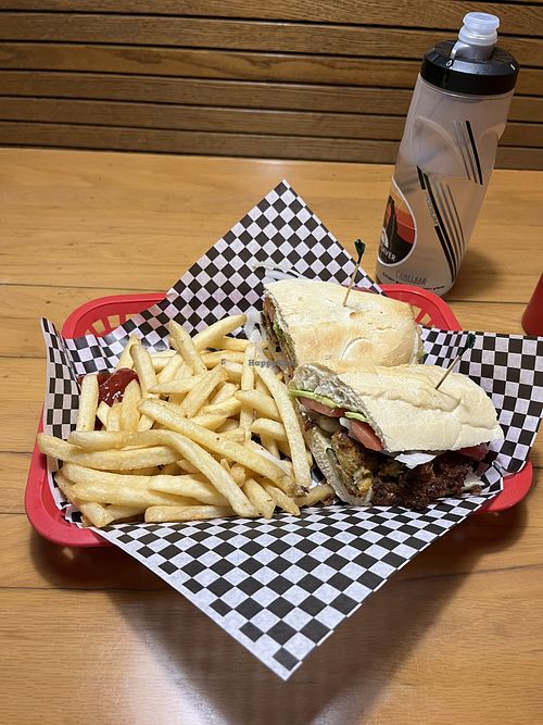 Lovely falafel sandwich with no taziki sub dairy. Not authentic but good food at Avogadro's Number in Fort Collins