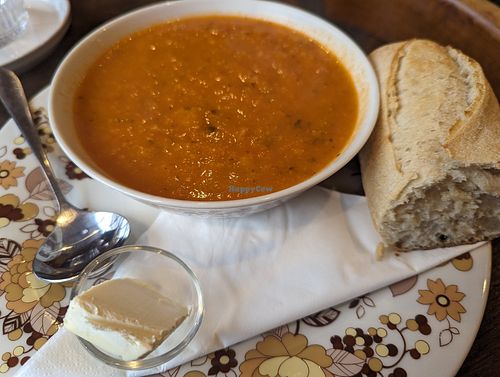 Vegetable soup, french bread and vegan butter at Cafe Chakra in Machynlleth