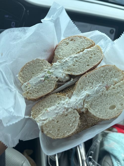 Sesame bagel with Veggie Vegan Cream Cheese   at Bagel Supreme of Oakland in Oakland