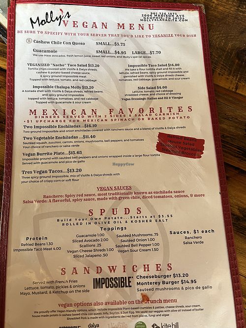 Separate vegan menu for easy orderingg  at Molly's in Memphis