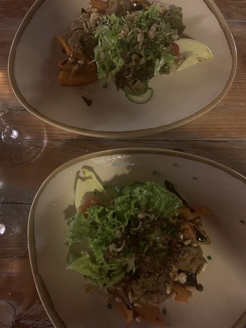 1st course - Salad with lukewarm pumpkin and boulettes  at Die Weinstube Nachhaltig Geniessen in Zeltingen