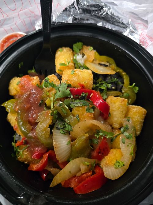 Veggie fajita bowl without dairy at IAD - Rusty Taco - Concourse D in Dulles