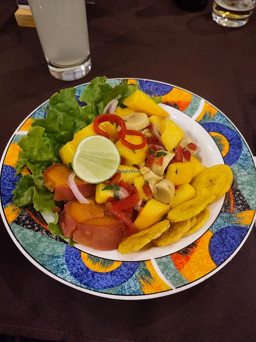 Mango ceviche with sweet potatoe, mushrooms and banana at La Casona Restaurant in Puno