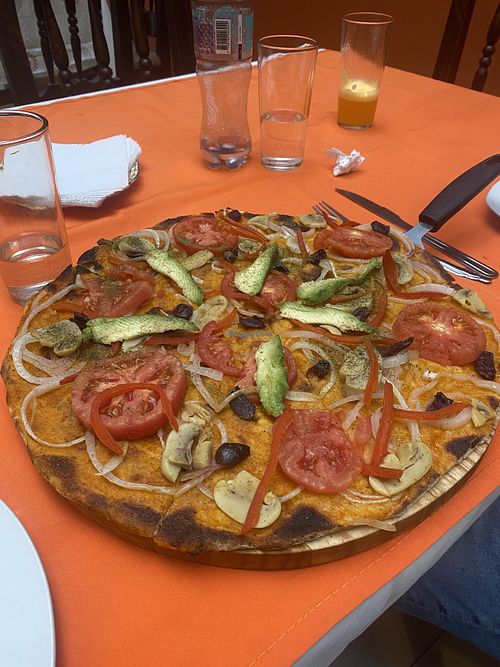 Vegetarian pizza without cheese   at La Casona Restaurant in Puno