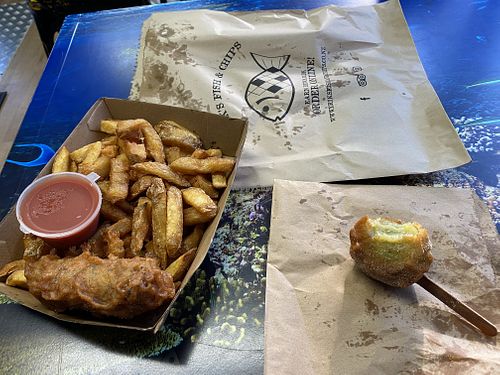 Hand cut chips, spring roll and fried kiwi fruit - all amazing   at Erik's Fish & Chips in Queenstown