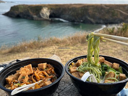 The interior is small and was packed with people, so we took our food down the street to the coast. Vegan garlic noodle bowl with fried tofu (l) and vegan ramen with fried tofu (r) at Gnar Bar in Mendocino