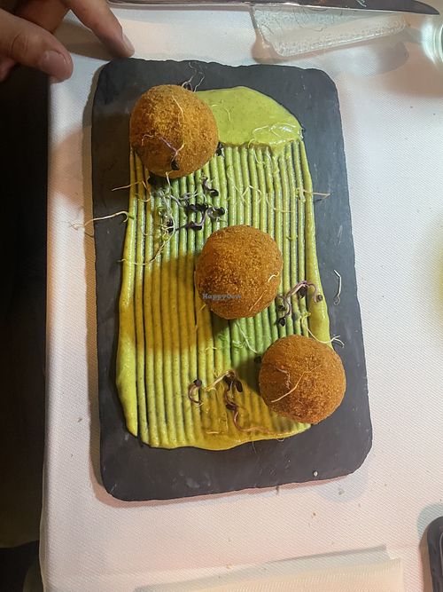 polpette fritte di fave con crema di zucchine  at Cappero Bistrot in Modica