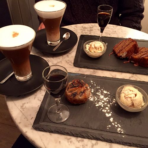 Afteenoon treats - latte with almond milk, apple strudle with vanilla ice, spicy banana cake with vanilla ice. TASTY!!  at Bagel in Mallorca