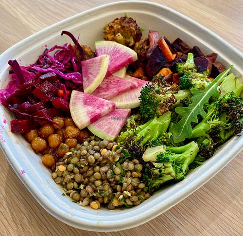 Build your own bowl with herbed lentils, crispy chickpeas, citrus pickled cabbage, watermelon radish, cauli samosa, vinaigrette roasted broccoli and more! at Rooted3 in Bethesda
