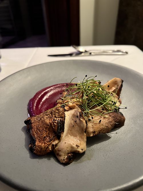 Smoked lobster mushroom on beet romesco sauce.  Mushrooms were amazingly tender and tasty.    at Restaurant Beck in Depoe Bay