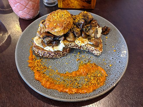Mushrooms on toast at Plus 91 Cafe in Hamilton