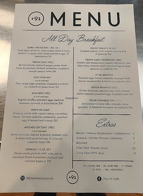 Menu June 2024 at Plus 91 Cafe in Hamilton