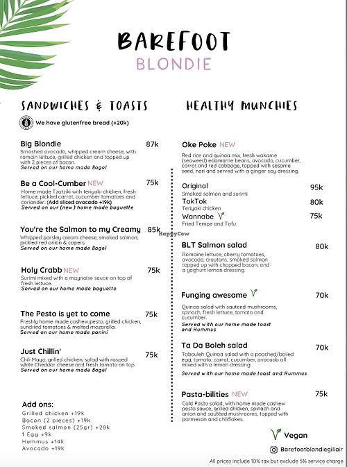 Menu  at Barefoot Blondie in 